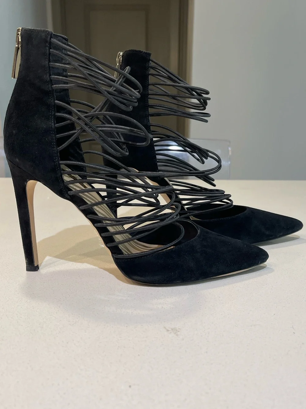BCBGeneration Black Strappy Suede Pointed-Toe Stiletto Heels